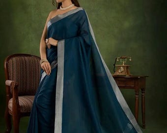 Pure Linen Saree: Zari Border, Unstitched Blouse