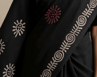 Black linen saree with mirror work