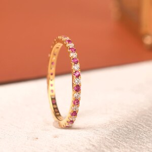 14K Solid Gold Ruby & Moissanite Full Eternity Band | 1.5mm Round Gemstone Ring | Ruby Wedding Band | Dainty Stacking Ring