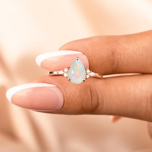 Opal and Diamond Pear Ring, Gemstone Silver Band Handmade Jewellery, Gift for Her