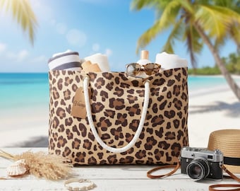 Leopard Print Tote Bag, Large Animal Print Shoulder Bag for Work Travel and Beach, Spacious Everyday Leopard Shopper Bag for Women