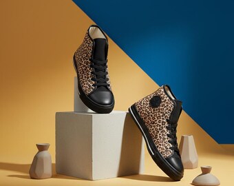 Leopard Print High Top Sneakers, Womens Animal Print Canvas Trainers with Black Toe Cap, Casual Streetwear Shoes for Everyday Outfits