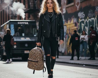 Leopard print backpack, 4‑pocket school and travel bag for women and teens, padded polyester animal print bookbag with zipper compartments