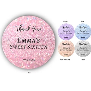 Faux GLITTER Sweet 16 Silver Glitter Ombre Thank You Stickers, Sweet Sixteen Silver Thank You Labels, Faux Rose Gold Party Favor Labels