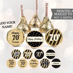 Personalized ANY AGE Birthday Decorations, Black and Gold ,Birthday Party Favors, Stickers for Hershey Kisses, 108 Sticker