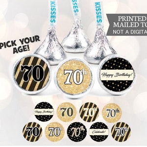 ANY AGE Birthday Decorations, Black and Gold , Birthday Party Favors, Stickers for Hershey Kisses, 108 Sticker, 70, 60, 80, 90, 75,
