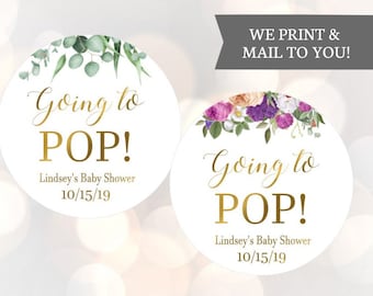 Going to Pop Shower Favor Stickers, Favor Labels, Flowers, Eucalyptus Leaves Greenery, Thank You Stickers, Personalized