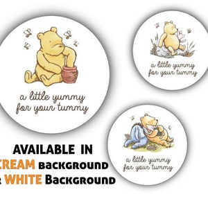 A little yummy for your tummy Winnie the Pooh Stickers, Honey Favor, Baby Shower, Birthday,