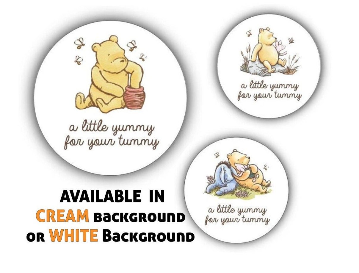 A little yummy for your tummy Winnie the Pooh Stickers, Honey Favor, Baby Shower, Birthday,