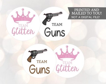 12 or 30 Gun And Glitter Gender Reveal Party Stickers Team Boy, Team Girl, Baby Shower Voting, Favor Tags, Labels, You Choose Size