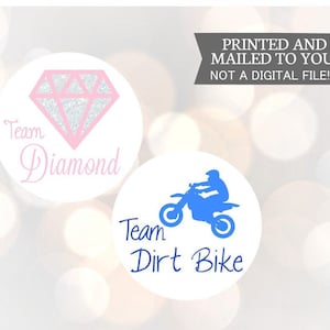 Diamante o suciedad bicicleta género revelar pegatinas fiesta equipo niño, chica del equipo, votación de baby shower, etiquetas de favor, etiquetas,