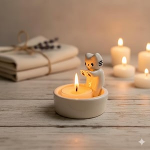Könnte beinhalten: Ein weißer Keramik-Kerzenhalter in Katzenform mit einer brennenden Teelichtkerze. Die Katze hat schwarze Streifen und ist so positioniert, als würde sie die Flamme umarmen. Zusätzliche brennende Kerzen und verpackte Gegenstände befinden sich im Hintergrund.