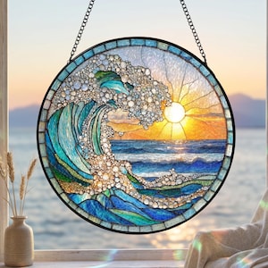 Attrape-soleil en vitrail vague océanique, art décoratif de fenêtre sur la plage côtière, fenêtre maison de plage suspendue attrape-soleil océan cadeau,
