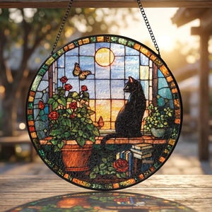 May include: Circular stained glass window art depicting a black cat, butterfly, and roses. The cat is perched on a ledge, looking out at a sunset. The artwork is framed with a black metal chain for hanging.