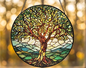 Acchiappasole in vetro colorato con l'Albero della Vita, decorazione da appendere alla finestra con soggetti naturali, quadro con scena naturalistica, regalo significativo per l'albero genealogico, decorazione domestica rilassante