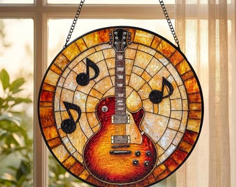 Acchiappasole in vetro colorato a forma di chitarra elettrica: decorazione in vetro da appendere alla finestra con chitarra, arredamento vintage a tema musicale, regalo per chitarristi e amanti del rock.