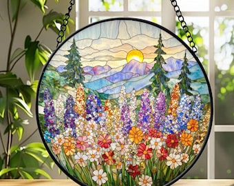 Mountain Wildflower Stained Glass Suncatcher, Window Hanging Decor, Nature Art Gift for Mom Birthday