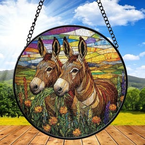 Puede incluir: Ventana redonda de vidrieras con dos burros en un campo de flores. Los burros son marrones y tostados, con orejas largas y comen hierba. El fondo es un mosaico colorido de campos y cielo, con una cadena negra para colgar.