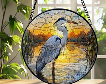 Atrapasueños de garza azul: arte de vitral con pájaros