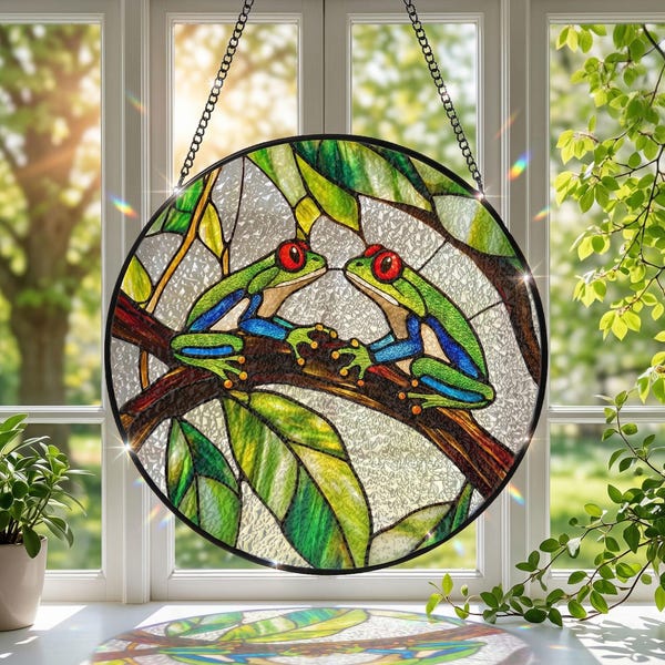 Red-Eyed Tree Frogs Stained Glass Suncatcher, Tropical Rainforest Window Hanging Art (Glass)