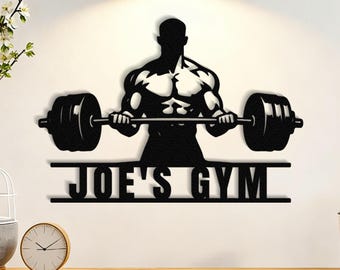Custom Gym Name Metal Wall Art, Bodybuilder Barbell Sign