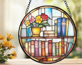 Floral Bookcase Stained Glass Suncatcher, Literary Window Decor