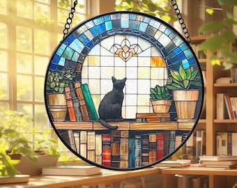 Black Cat Stained Glass Suncatcher, Book Lover Window Decor