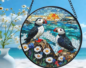 Puffin Couple Glass Suncatcher: Ireland Coastal Art Window Hanging Decor