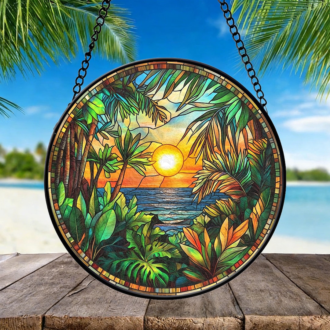 Stained Glass Sunset Suncatcher: Tropical Palm Tree Window Art - Etsy