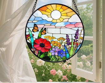 Butterfly Stained Glass Suncatcher, Floral Window Hanging, Personalized Glass Art