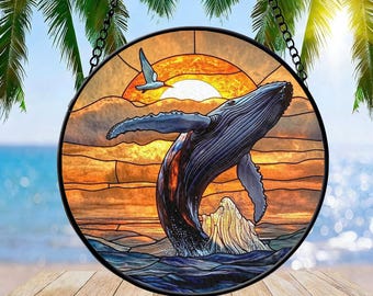 Orca Wal Möwen Sonnenuntergang Glasmalerei Suncatcher: Küsten Fenster Hängende Dekorkunst