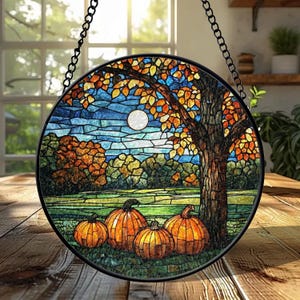Stained Glass Pumpkin Patch Suncatcher: Moonlit Autumn Nature Scene Window Art