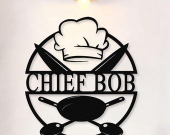 Custom Metal Kitchen Sign, Personalized Chef Name, Farmhouse Decor