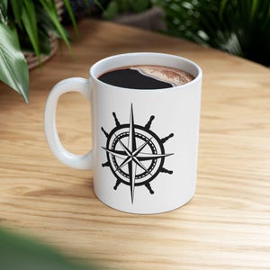 Nautical Ceramic Coffee Mug: Ships Wheel & Compass Rose Design