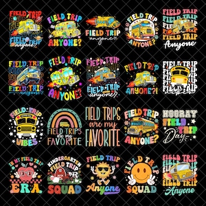 Può includere: Una collezione di grafiche colorate con autobus scolastici gialli, arcobaleni e testo. Le frasi "Field Trip" e "Anyone?" sono in evidenza, insieme ad altre parole e immagini correlate, il tutto su sfondo nero.