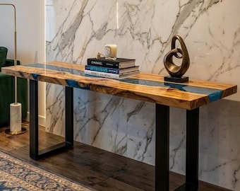 Mesa consola Resin River, mesa de madera epoxi, mesa consola con borde natural, muebles rústicos modernos hechos a mano, pieza central única para la sala de estar.