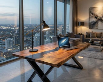 Live Edge Epoxy Resin Computer Desk, Handmade Office Desk with Metal X Legs, Modern Executive Work Desk, Rustic Home Office Table