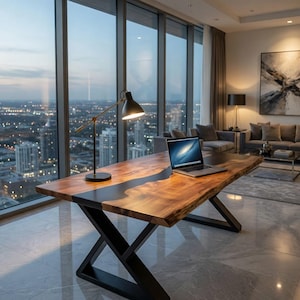May include: A modern wooden desk with a black epoxy river design and black metal legs. A laptop sits on the desk, and a black desk lamp is positioned to the left. The desk is in front of a large window with a city view.
