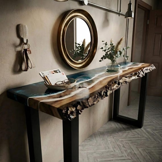 Live Edge Epoxy Resin Table, Black River Table, Epoxy Resin Console Table, Handmade Resin Table, Artistic Resin Furniture, Epoxy Wood Table