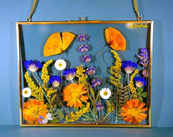 Konstverk av pressade blommor, konserverad bukett, botanisk väggkonst, inramade blommor