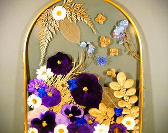 Konstverk av pressade blommor, konserverad bukett, botanisk väggkonst, inramade blommor