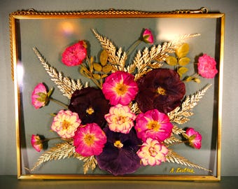Konstverk av pressade blommor, konserverad bukett, botanisk väggkonst, inramade blommor