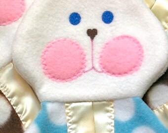 Blue polka dot FooFoo Bunny in blue polka dot fisher price puppet bunny replica