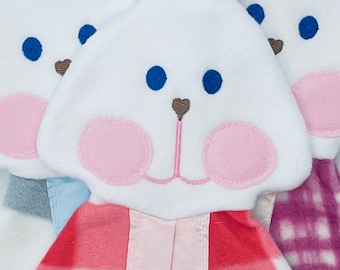 Fisher Price replica bunny puppet lovey blanket in so sweet cherry red and white gingham plaid.  Best baby shower gift EVER