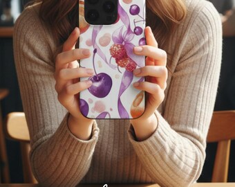 Funda para iPhone con diseño de cerezas y MagSafe, diseño de cinta, estilo botánico vintage, estética cottagecore, regalo para ella.