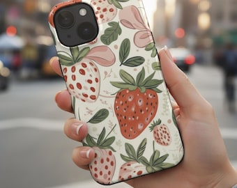 Funda para teléfono MagSafe con diseño de fresas, funda para iPhone con lazo femenino, bonito estampado de frutas, diseño estético suave, funda femenina de verano