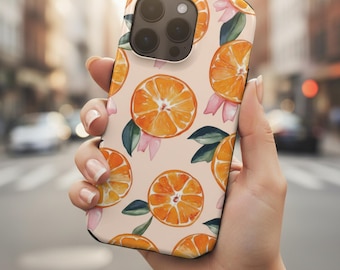 Funda naranja para teléfono MagSafe, funda para iPhone con diseño cítrico, estética de lazo, diseño femenino de frutas de verano, funda suave y femenina.