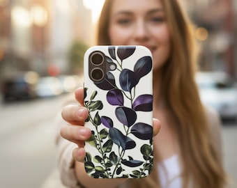 Funda para teléfono Moody Botanical MagSafe, funda para iPhone verde oscuro y morado, estética minimalista inspirada en la naturaleza.