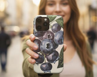 Funda para iPhone MagSafe con diseño de arándanos, funda botánica para iPhone, diseño de arándanos azul oscuro, estética frutal, funda inspirada en la naturaleza.