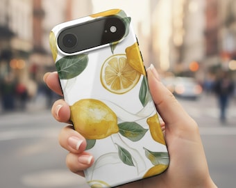 Funda para iPhone MagSafe con diseño de limón, funda femenina para iPhone, diseño botánico de cítricos, funda con estética veraniega, estilo minimalista y fresco.